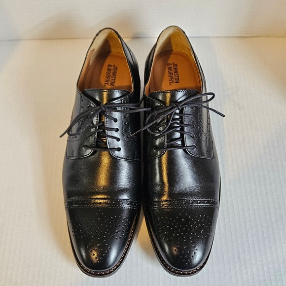 Men's Black Leather Johnston & Murphy‎ Lewis Cap Toe Lace Up Oxfords Size 10 M - Picture 1 of 10